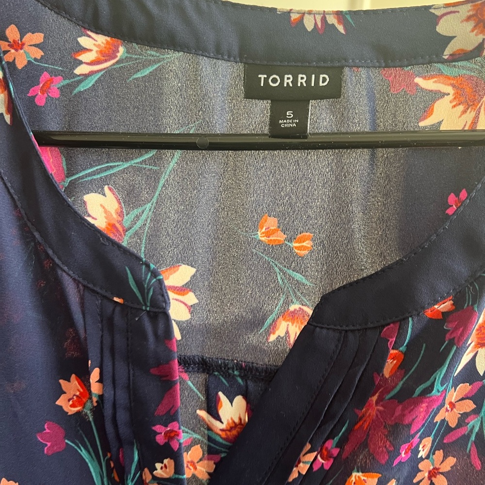 Torrid Navy Blouse with Pink and Orange Floral Design